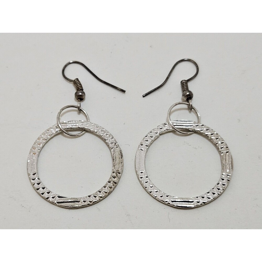 Vintage Silver Circle Pair of Earrings. Dangle Drop. Costume Jewelry.